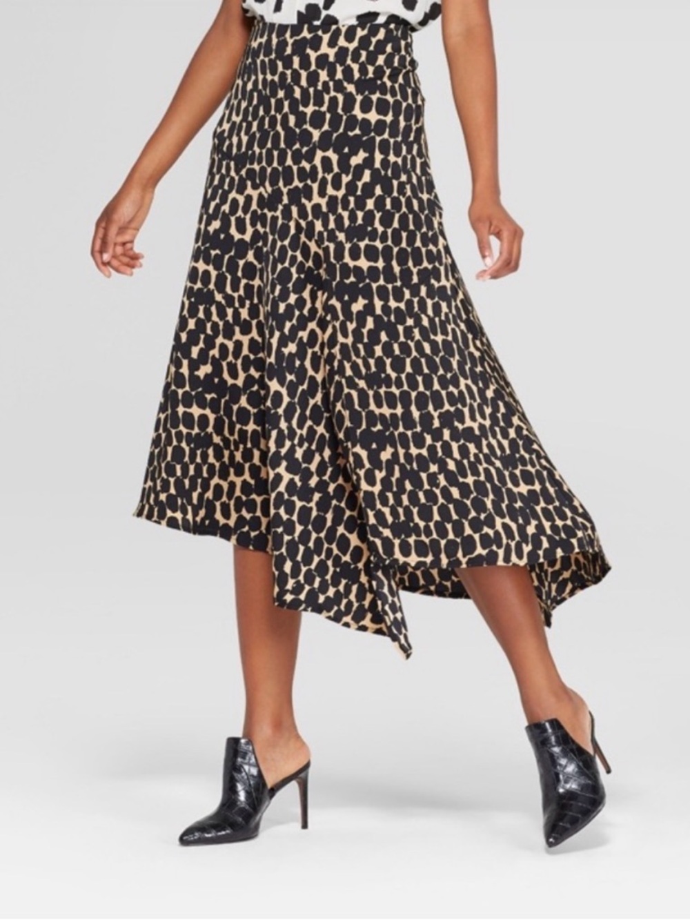 ‘Who What Wear’ Black and Tan High-Low Printed Midi Skirt